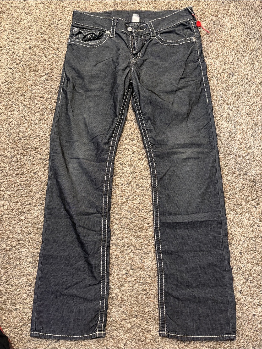 True Religion Men's Black Straight Jeans with White Contrast Stitching